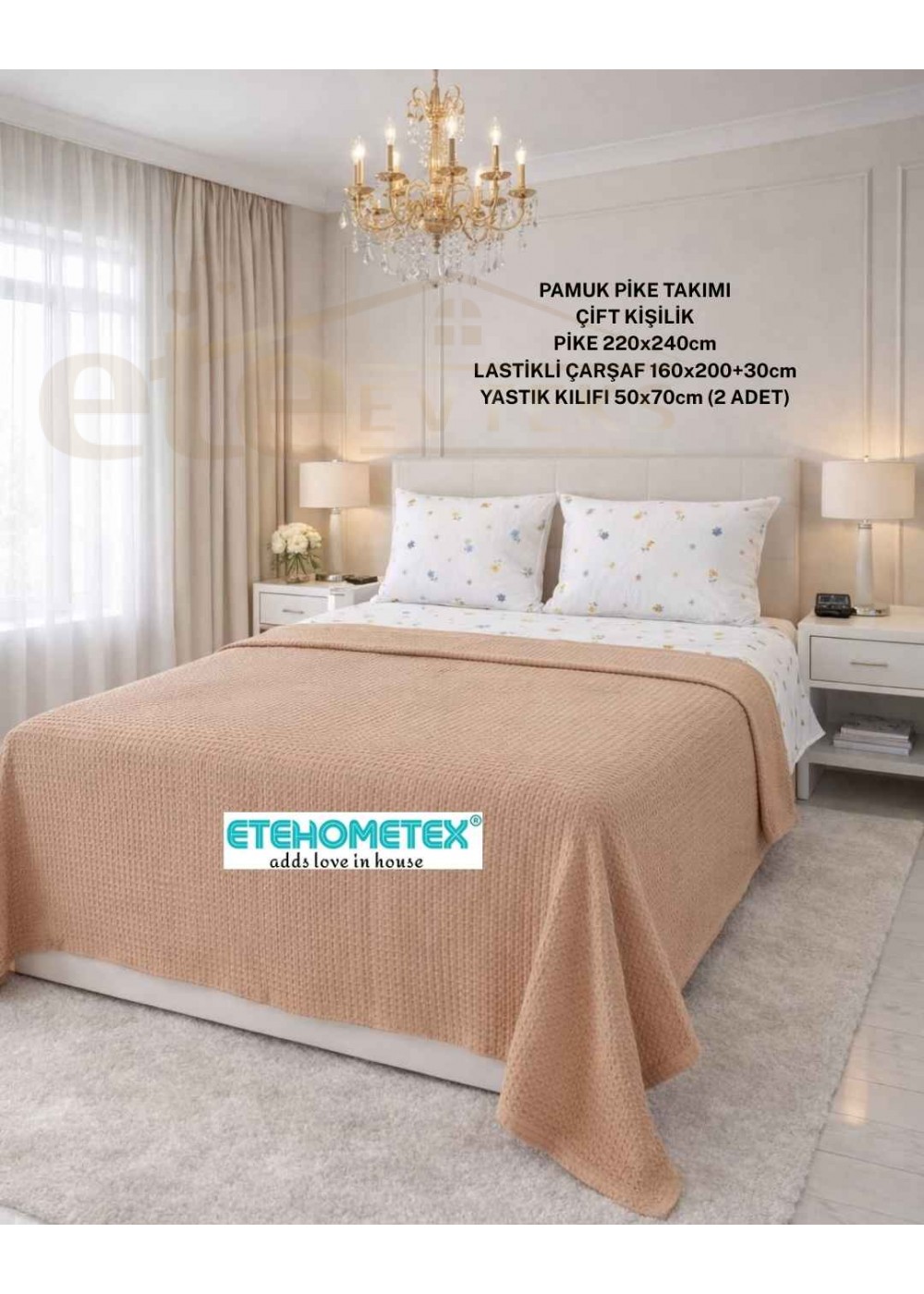 ETEHOMETEX ÇİFT KİŞİLİK %100 PAMUK HAVUZLU PİKE TAKIMI BEJ 8696474232071